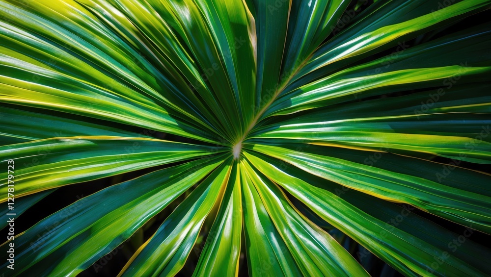 Close-up view of vibrant green fan palm leaves arranged in a radial pattern with distinct light and shadow variations. Close-up view of vibrant green fan palm leaves arranged in a radial pattern with distinct light and shadow variations.