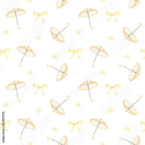umbrella, bow. Watercolor seamless pattern in pastel colors. Cute autumn illustration