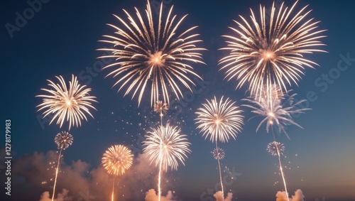 colorful fireworks display against a dark blue sky during night celebration event sparkling lights bursting in various shapes and sizes