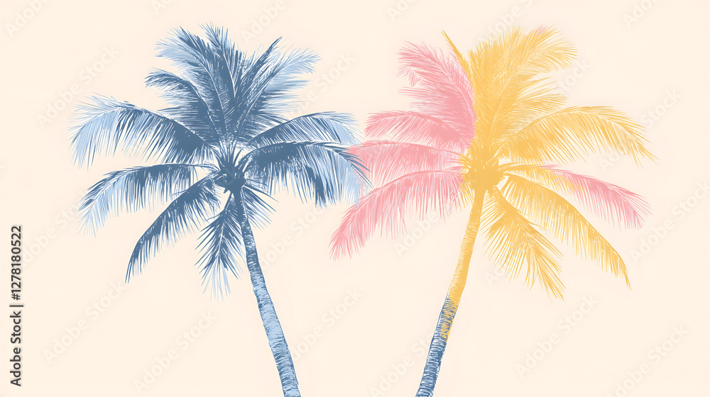 Naklejka premium Illustration of two palm trees, white background, pink and blue colors 