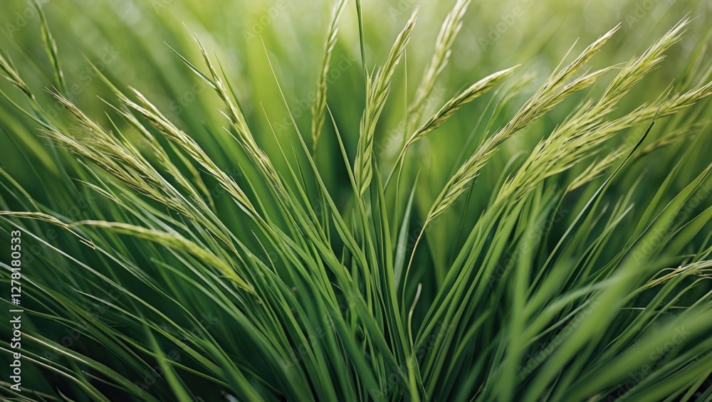 Close-up of lush green grass blades with elongated stalks illuminated in natural light. Detail of plant life in a natural environment. Close-up of lush green grass blades with elongated stalks illuminated in natural light. Detail of plant life in a natural environment.