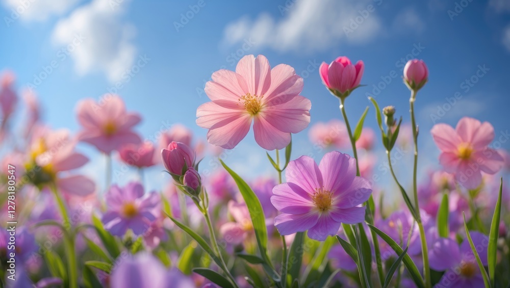 Fototapeta premium Colorful field of blooming pink and purple wildflowers under a clear blue sky during daytime natural light photography.