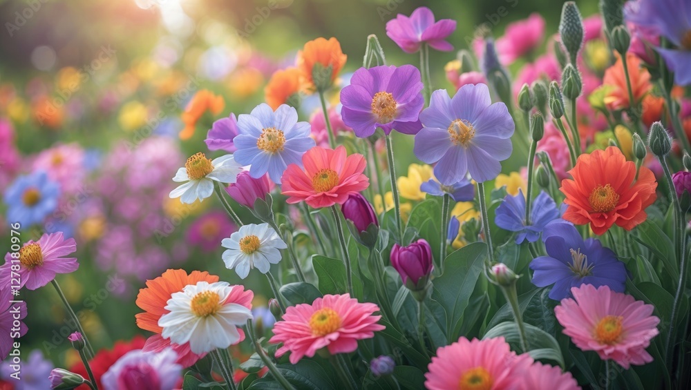 Colorful flower field with various blossoms including daisies, tulips, and anemones in a vibrant spring setting with soft sunlight. Colorful flower field with various blossoms including daisies, tulips, and anemones in a vibrant spring setting with soft sunlight.