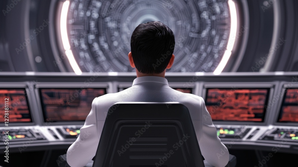 A person sits in a futuristic control room, facing multiple screens and a large circular display, suggesting a high-tech environment. A person sits in a futuristic control room, facing multiple screens and a large circular display, suggesting a high-tech environment.