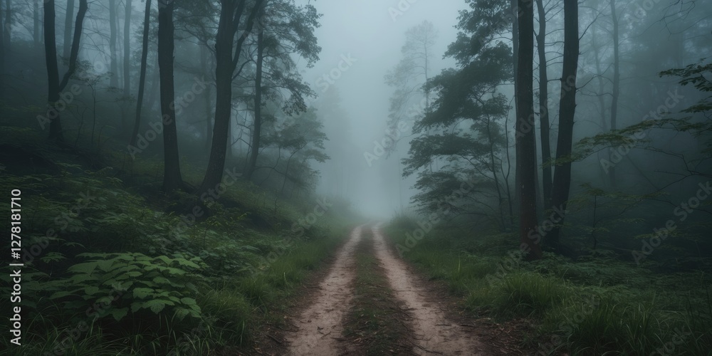 Fototapeta premium Foggy forest path in a dense woodland surrounded by tall trees and lush greenery during a misty morning atmosphere.