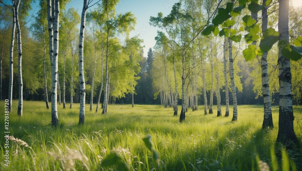 Green birch tree forest in sunlight with tall grass and clear blue sky in spring season Green birch tree forest in sunlight with tall grass and clear blue sky in spring season