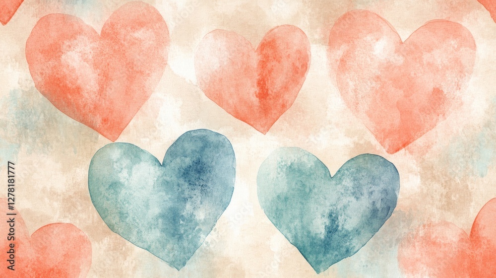 Obraz premium Watercolor Hearts Seamless Pattern: Coral and Teal Hearts on Beige Background