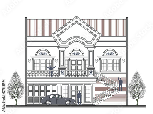 Facade of 2 storey asymmetrical classical  house with 3 doors, 6 windows, triangular crown, frames, balustrade, stair, canopy, balcony and its design elements.