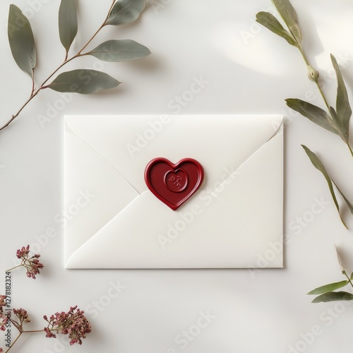 White envelope sealed with a red heart wax stamp, placed on marble surface, elegant and romantic detail.