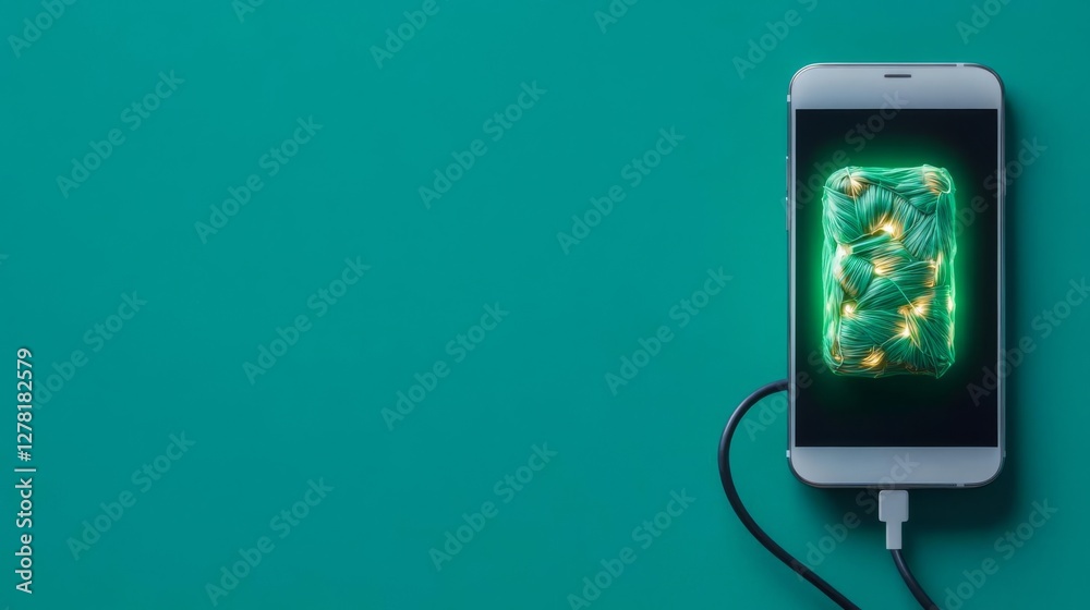 A glowing biodegradable battery charging a smartphone, symbolizing sustainable technology A glowing biodegradable battery charging a smartphone, symbolizing sustainable technology