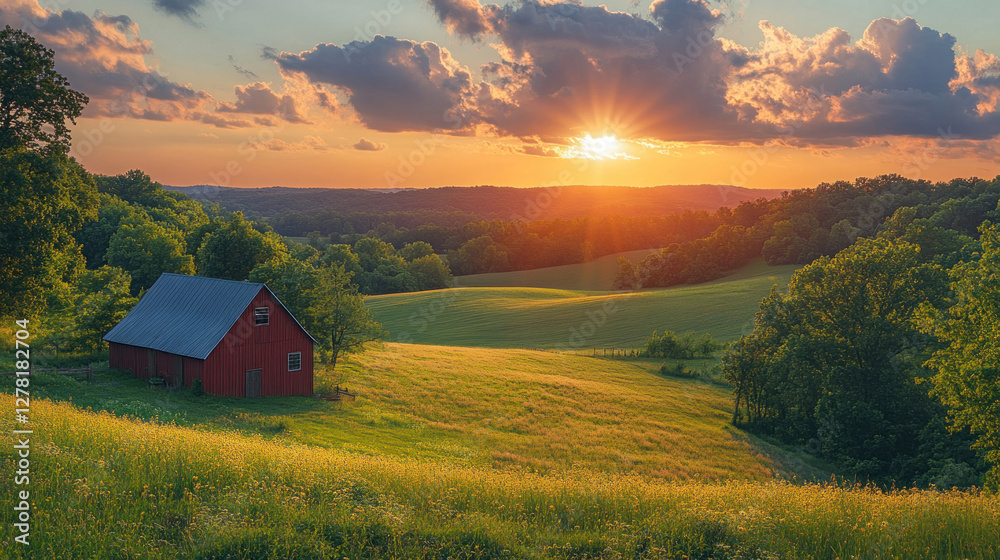 Sunny skies over a quiet farmstead, with rolling fields stretching out under the warm sunlight Sunny skies over a quiet farmstead, with rolling fields stretching out under the warm sunlight