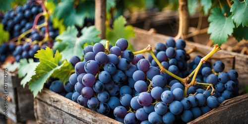 Freshly harvested blue grapes in rustic wooden crates surrounded by green grape leaves in vineyard setting.