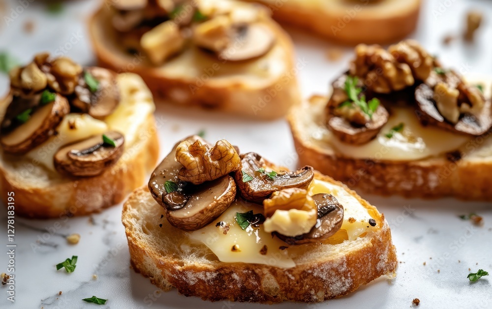 Delicious crunchy mushroom morsels atop cheesy bruschetta, a perfect appetizer for any gathering. Delicious crunchy mushroom morsels atop cheesy bruschetta, a perfect appetizer for any gathering.