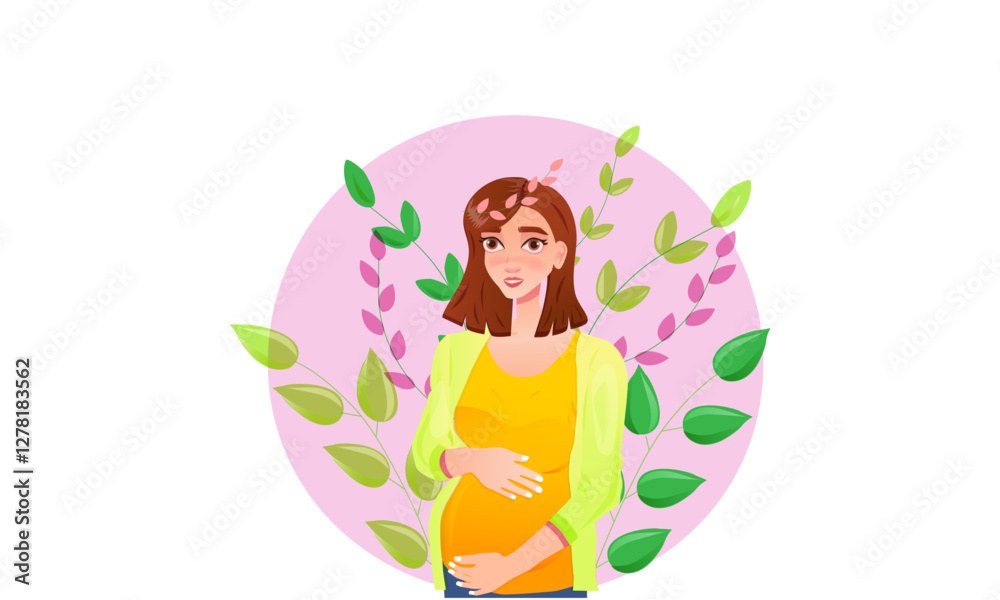 Fototapeta premium Pregnant woman, healthy mom, young lady, with brown hair, and eyes, yellow, and orange colors dressed, floral background in green. Vector illustration.