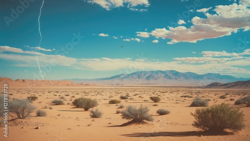Desert landscape with mountains under a blue sky and white clouds featuring lightning strike in the distance and sparse vegetation in foreground