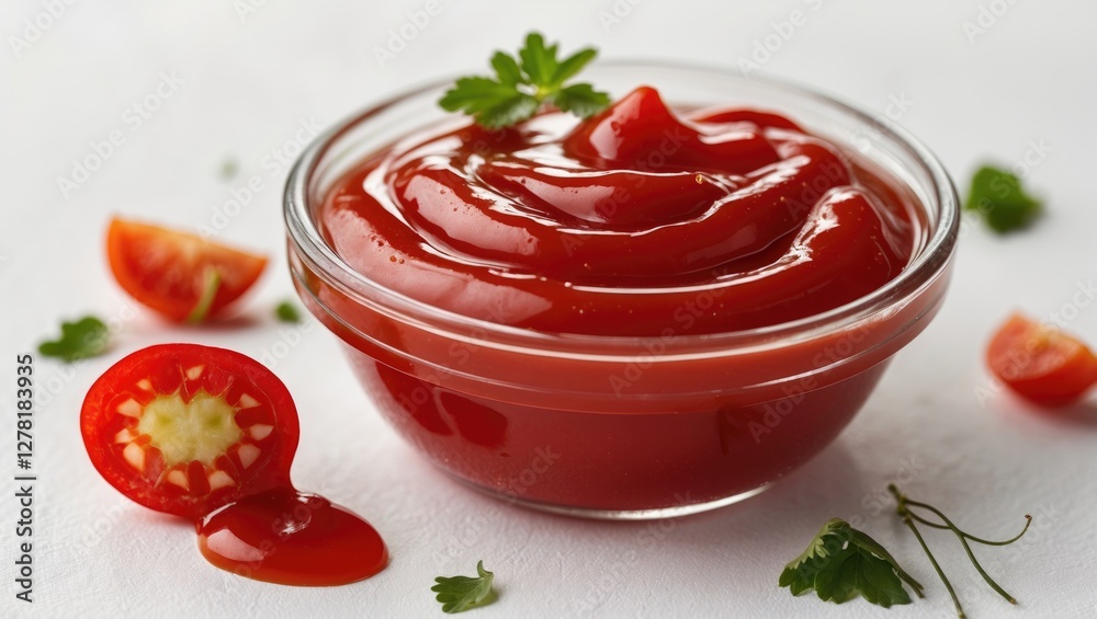 Fresh red ketchup in a glass bowl garnished with herbs and surrounded by sliced cherry tomatoes on a white background Fresh red ketchup in a glass bowl garnished with herbs and surrounded by sliced cherry tomatoes on a white background
