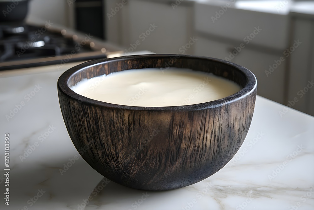 Smooth vanilla custard in a ceramic bowl on a kitchen countertop with soft light Smooth vanilla custard in a ceramic bowl on a kitchen countertop with soft light