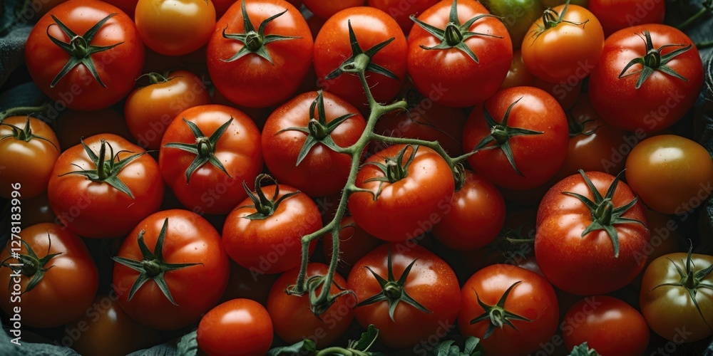 Fresh ripe tomatoes gathered together on a dark surface with green leaves, showcasing various sizes and shapes of tomatoes. Fresh ripe tomatoes gathered together on a dark surface with green leaves, showcasing various sizes and shapes of tomatoes.
