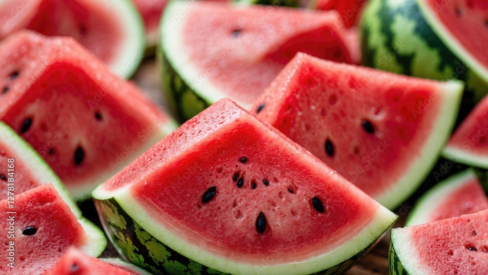 Freshly cut watermelon slices arranged in a vibrant display showcasing red fruit and contrasting green rind with black seeds. Freshly cut watermelon slices arranged in a vibrant display showcasing red fruit and contrasting green rind with black seeds.