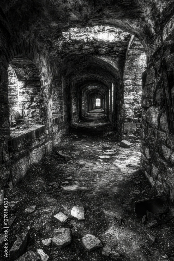 Fototapeta premium Dungeon Corridor: Abandoned Stone Tunnel with Eerie Light in Dark Interior
