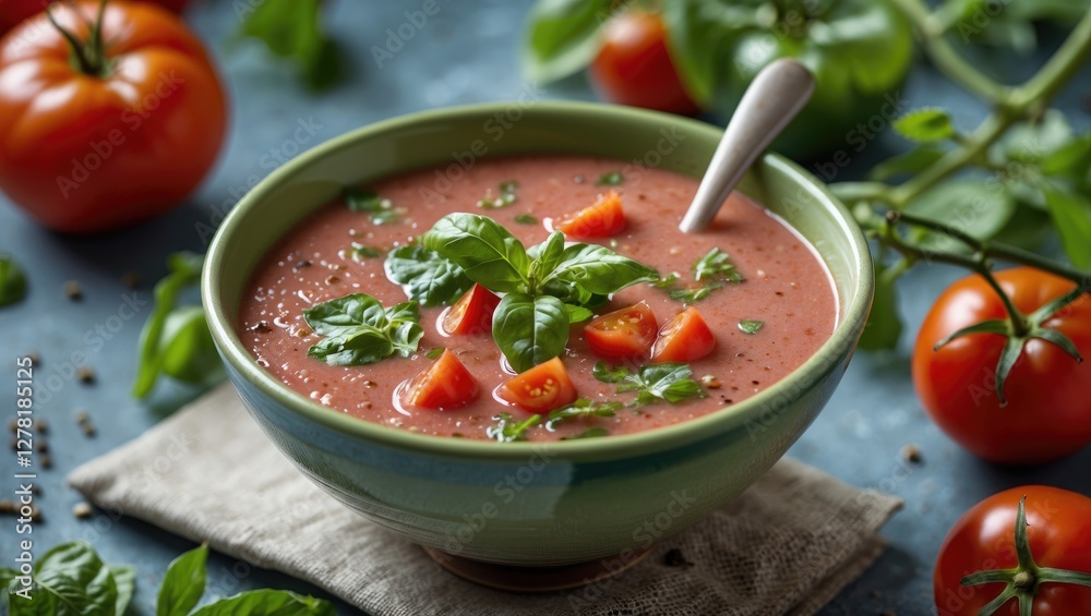 Fresh homemade tomato soup with basil and diced tomatoes in a green bowl on a textured surface with fresh tomatoes and green peppers. Fresh homemade tomato soup with basil and diced tomatoes in a green bowl on a textured surface with fresh tomatoes and green peppers.