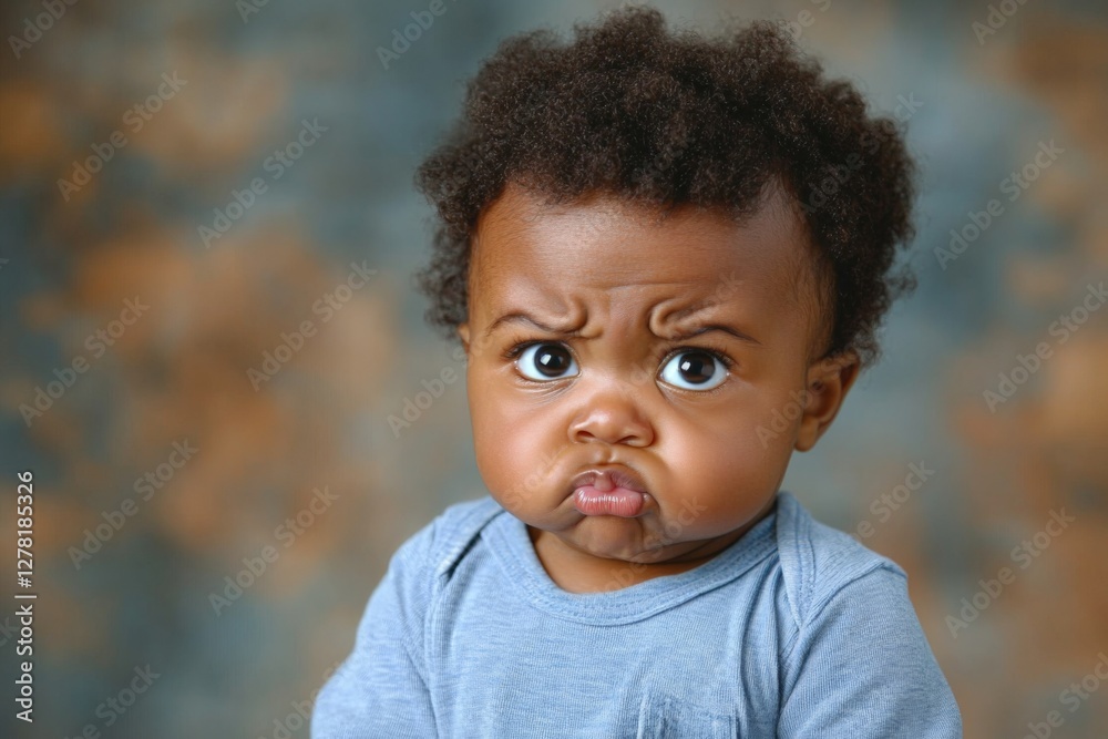 Expressive baby with a serious expression in a soft studio setting during a portrait session Expressive baby with a serious expression in a soft studio setting during a portrait session