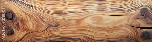 Detailed close up view of a weathered rough hewn brown wooden plank surface with distinct grain patterns knots and a rustic textured appearance  The horizontal background has a natural