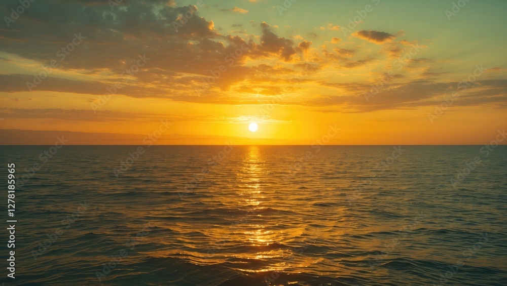 Obraz premium Sunset over calm ocean waters with reflection on the surface and clouds in the sky creating a gradient of warm colors.