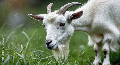 Domestic white goat with curved horns grazing in lush green grassfield close-up shot.