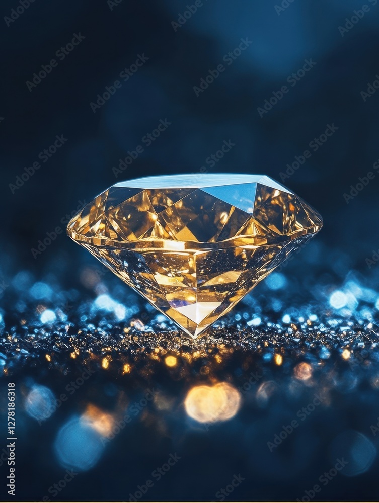 Captivating diamond close up on sparkling surface with blue background and golden reflections creating a luxurious and precious atmosphere Captivating diamond close up on sparkling surface with blue background and golden reflections creating a luxurious and precious atmosphere