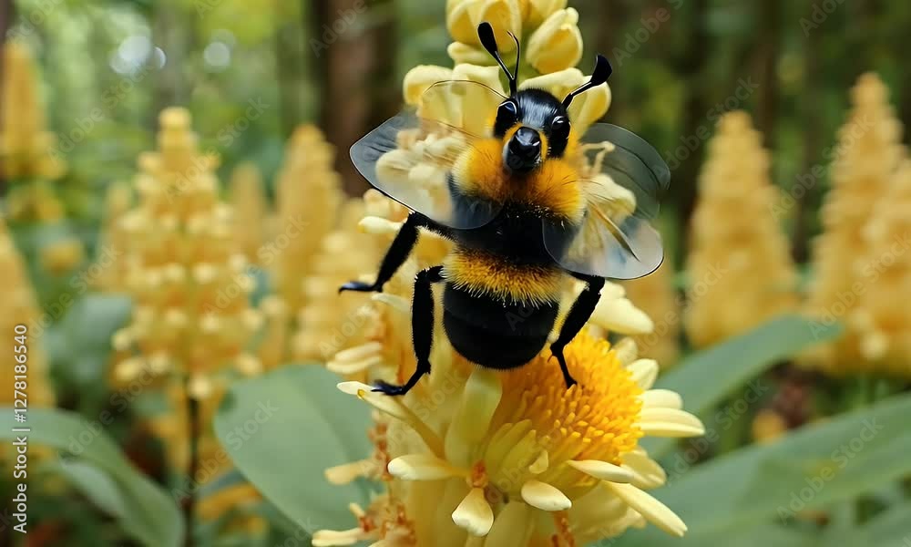 Bee pollinating yellow flower in forest