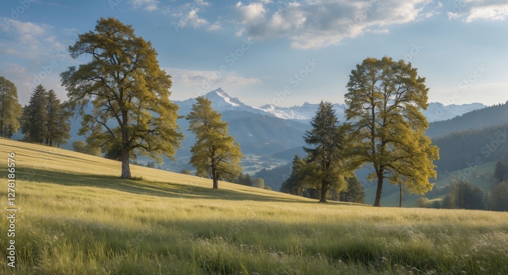 Meadow landscape with green grass and tall trees against mountain backdrop under blue sky with clouds in early morning light Meadow landscape with green grass and tall trees against mountain backdrop under blue sky with clouds in early morning light