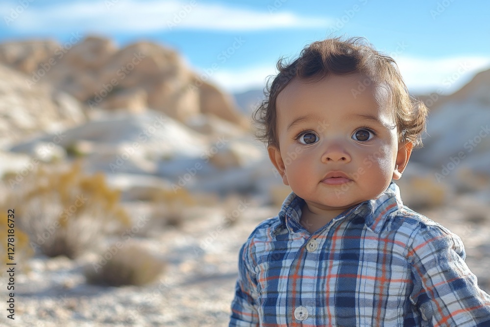 Child enjoys a sunny day outdoors with rocky landscape and blue skies in the background Child enjoys a sunny day outdoors with rocky landscape and blue skies in the background