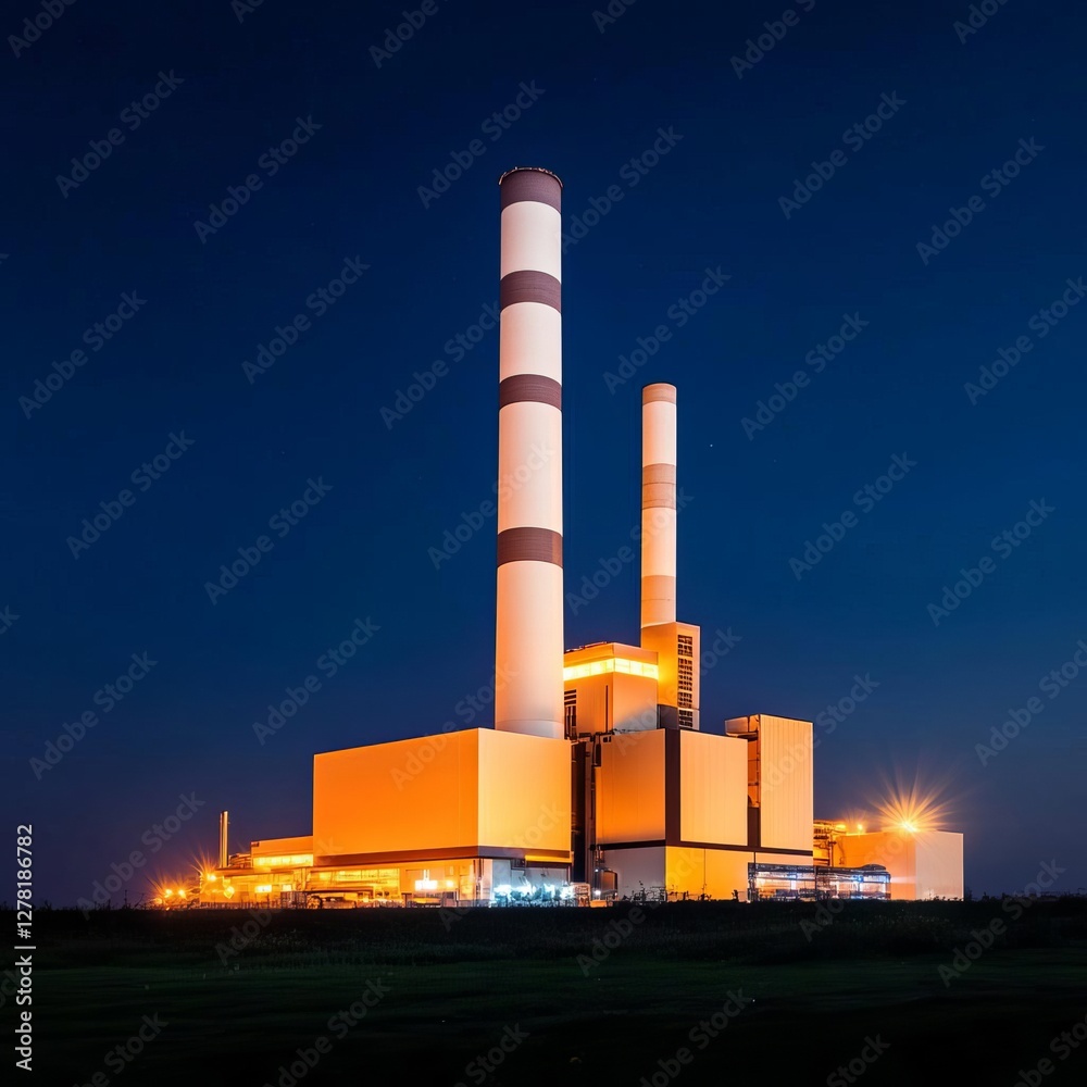 A high-tech waste-to-energy power plant glowing at night A high-tech waste-to-energy power plant glowing at night