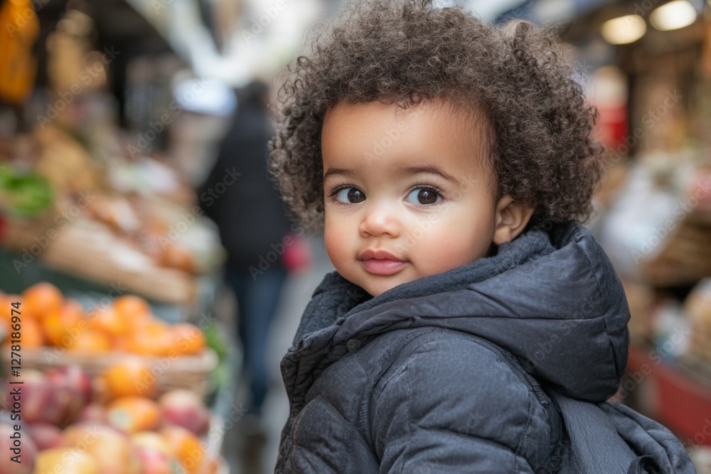 Happy child exploring a vibrant market filled with fresh fruits and cheerful vendors during a sunny day Happy child exploring a vibrant market filled with fresh fruits and cheerful vendors during a sunny day