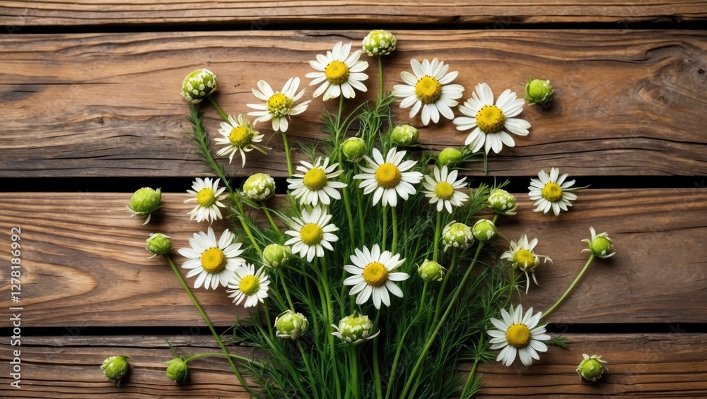 Obraz premium Daisy flowers with green buds arranged on rustic wooden background