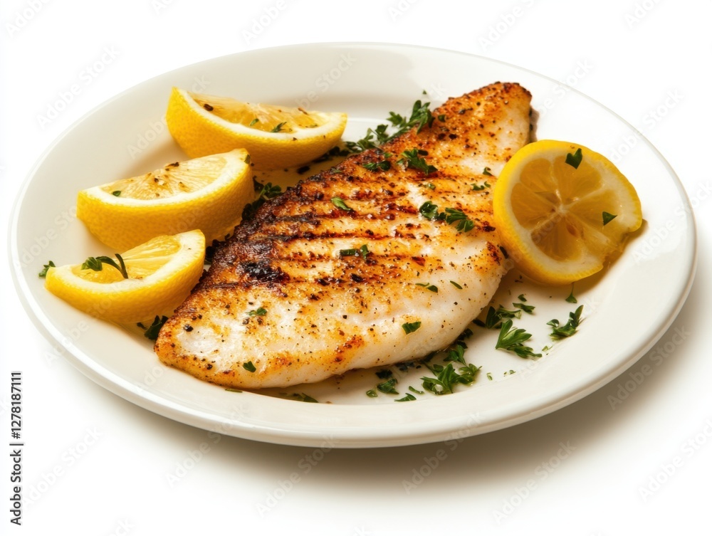Grilled fish with lemon wedges on white plate Grilled fish with lemon wedges on white plate