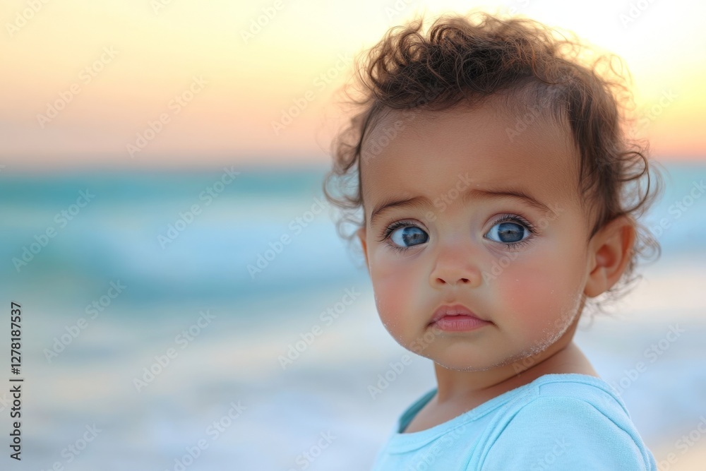 Baby with curly hair and blue eyes gazes at sunset by the beach, waves in the background, capturing a moment of wonder and innocence Baby with curly hair and blue eyes gazes at sunset by the beach, waves in the background, capturing a moment of wonder and innocence