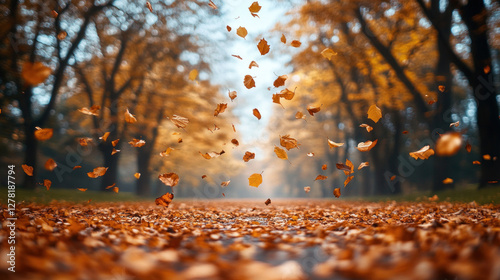 Autumn leaves swirling in a gust of wind on a countryside trail lined with golden trees