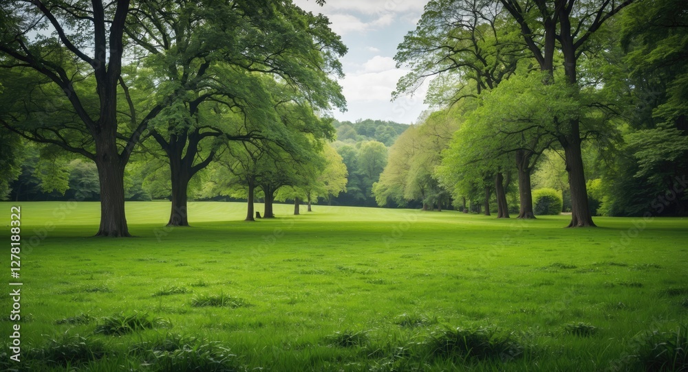 Lush green meadow landscape with trees under a cloudy sky in a tranquil natural setting Lush green meadow landscape with trees under a cloudy sky in a tranquil natural setting