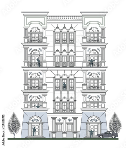 Facade of 5 storey symmetrical classical  building with 15 doors, 28 windows, crowns, frames, balustrade, stair, canopy, balcony, trapezoidal wall and its design elements.