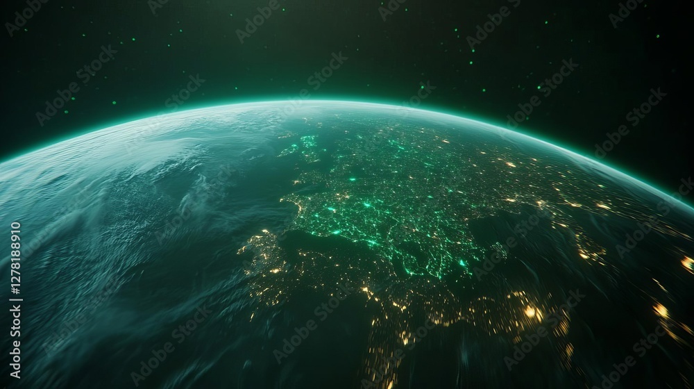 Obraz premium A satellite view of Earth with major cities glowing in green energy efficiency