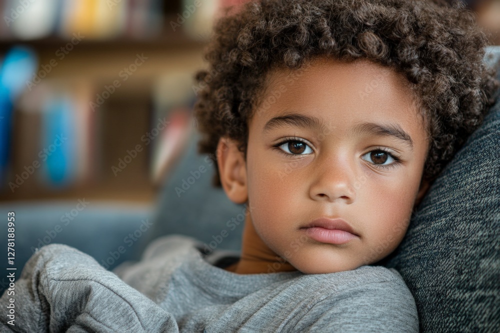 Young boy with curly hair relaxing on a couch in a cozy living room during late afternoon Young boy with curly hair relaxing on a couch in a cozy living room during late afternoon
