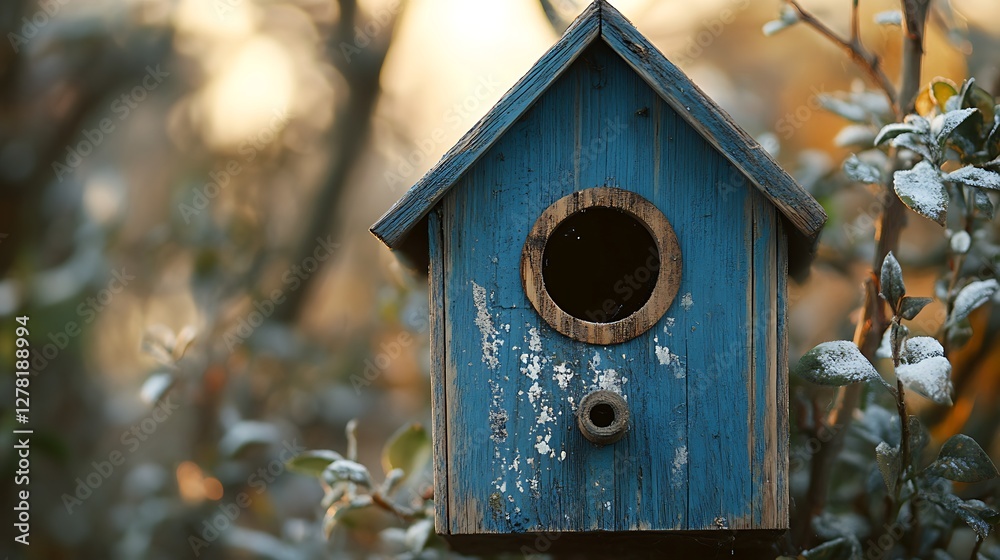 Blue birdhouse in winter garden Blue birdhouse in winter garden