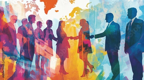 A group of international businesspeople shaking hands at a global summit