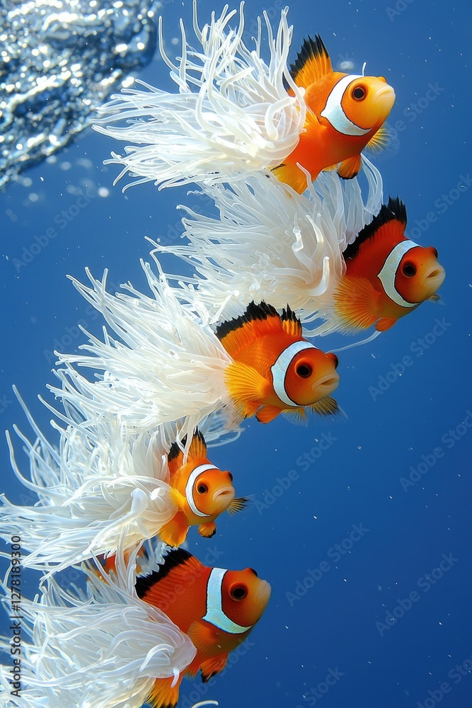 Fototapeta premium Four Clownfish Swim Among White Sea Anemones