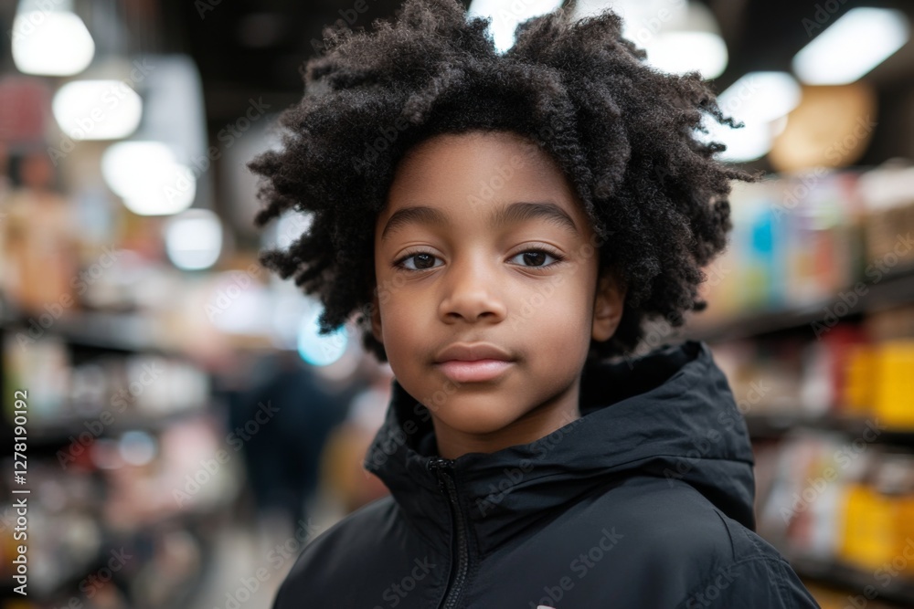 Young child with curly hair standing confidently in a supermarket aisle during a busy shopping day Young child with curly hair standing confidently in a supermarket aisle during a busy shopping day