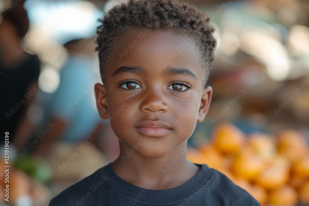 Young boy with curly hair stands confidently at a busy market with produce in the background Young boy with curly hair stands confidently at a busy market with produce in the background