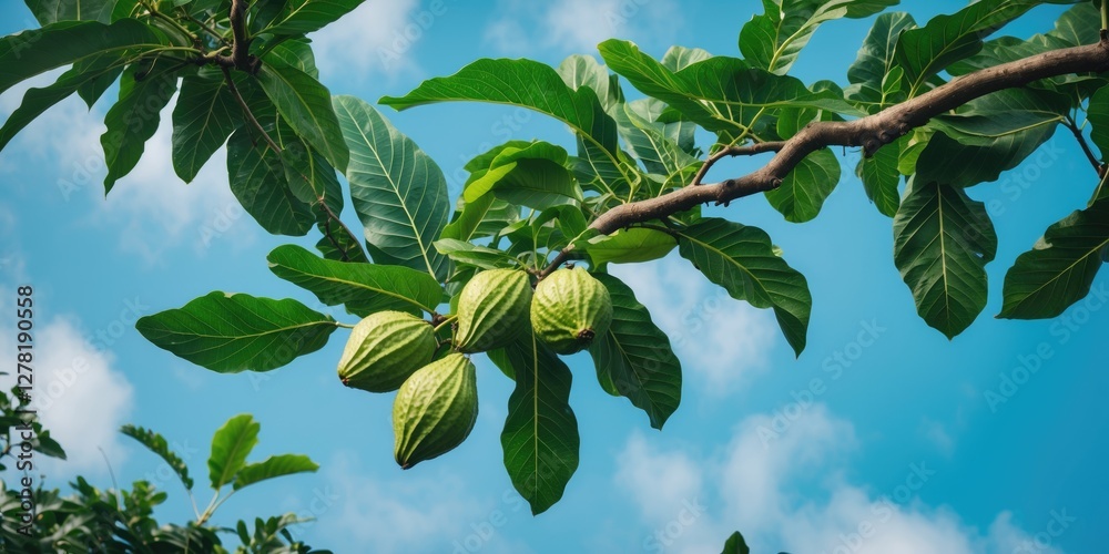 Fototapeta premium Cacao tree branch with green fruits and large leaves against a blue sky background