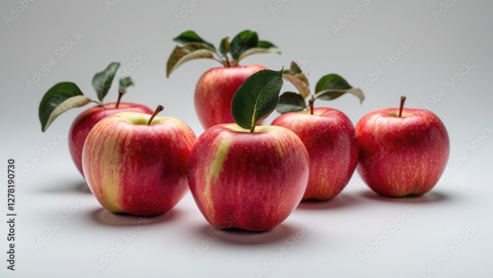 fresh red apples arranged with leaves on white background fresh red apples arranged with leaves on white background